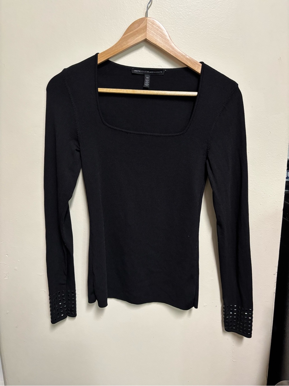 White House Black Market Black Long-Sleeve Square Neck Top with Studded Cuffs